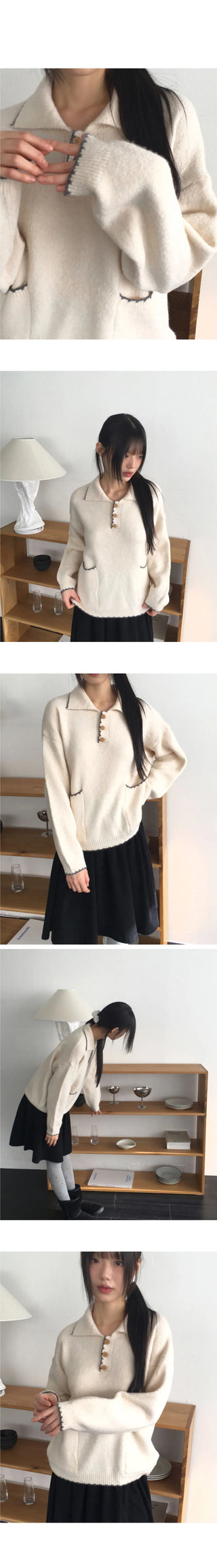 Midden color blocking half button pocket collar knitwear