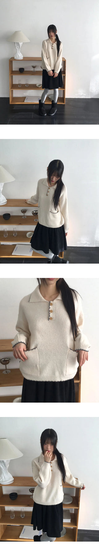 Midden color blocking half button pocket collar knitwear