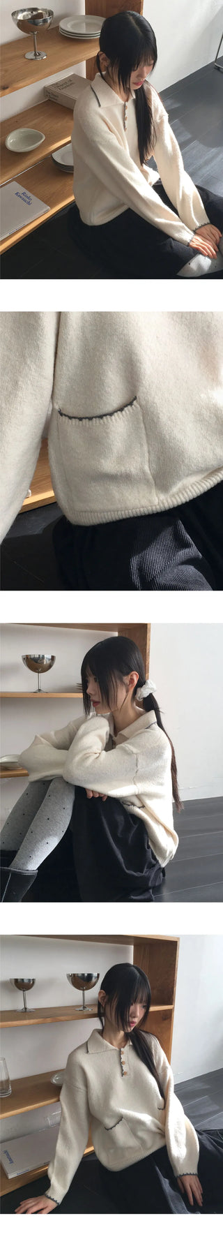 Midden color blocking half button pocket collar knitwear