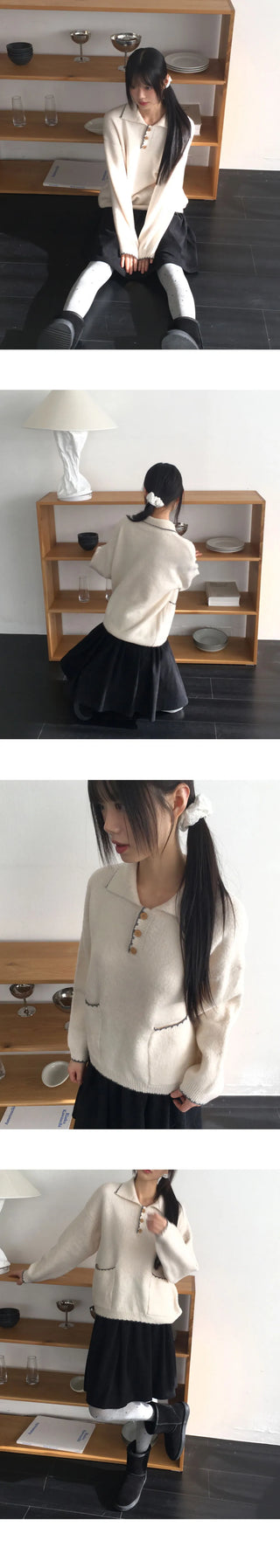 Midden color blocking half button pocket collar knitwear