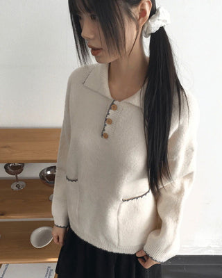 Midden color blocking half button pocket collar knitwear