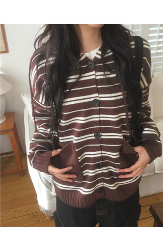 Salt Stripe Boxy Pocket Hooded Knitwear Cardigan