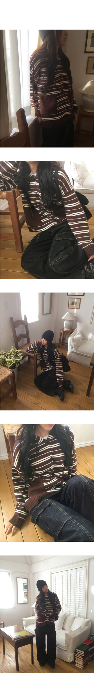 Salt Stripe Boxy Pocket Hooded Knitwear Cardigan