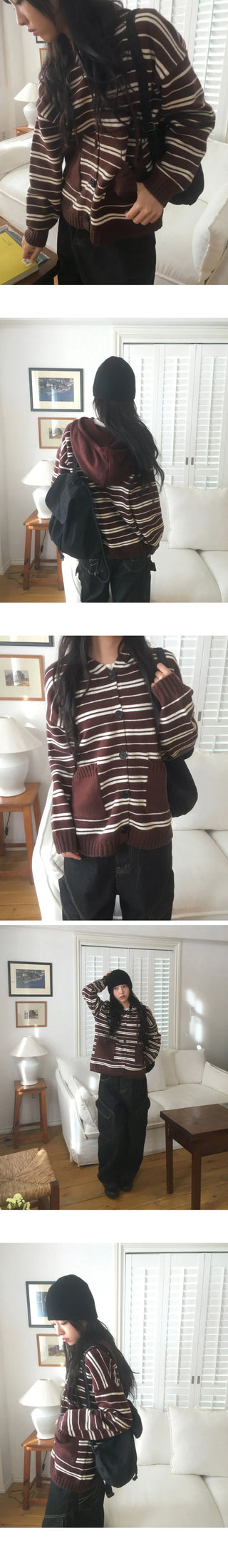Salt Stripe Boxy Pocket Hooded Knitwear Cardigan