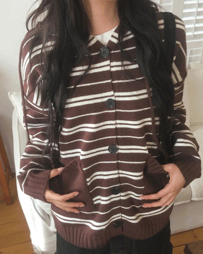 Salt Stripe Boxy Pocket Hooded Knitwear Cardigan