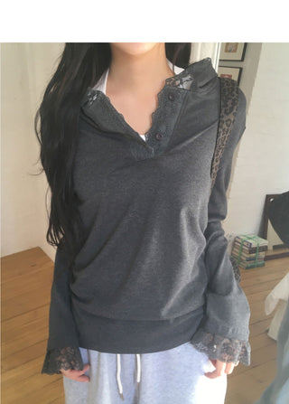 Centine lace button side shirring hooded sweatshirt