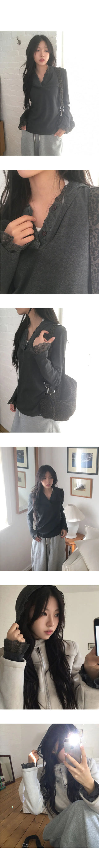 Centine lace button side shirring hooded sweatshirt