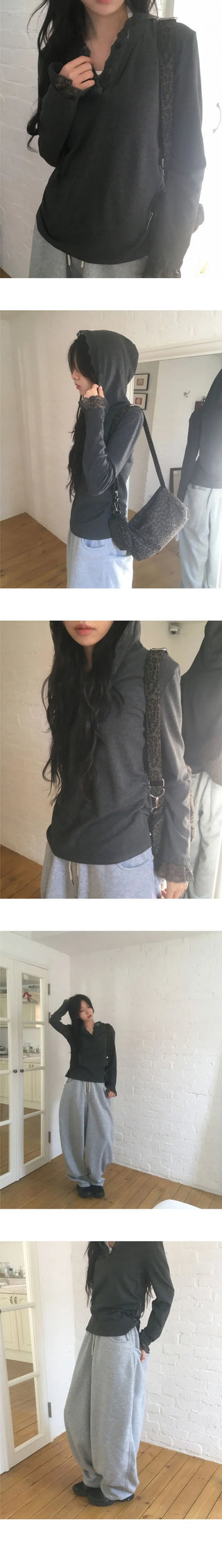 Centine lace button side shirring hooded sweatshirt