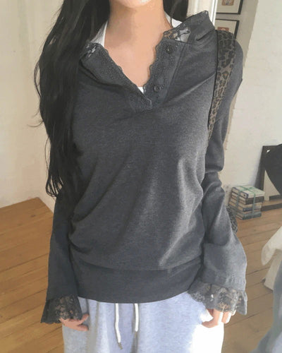 Centine lace button side shirring hooded sweatshirt