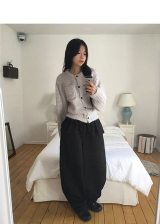 Enzen Back Team Ribbon Strap Pocket Knitwear Cardigan