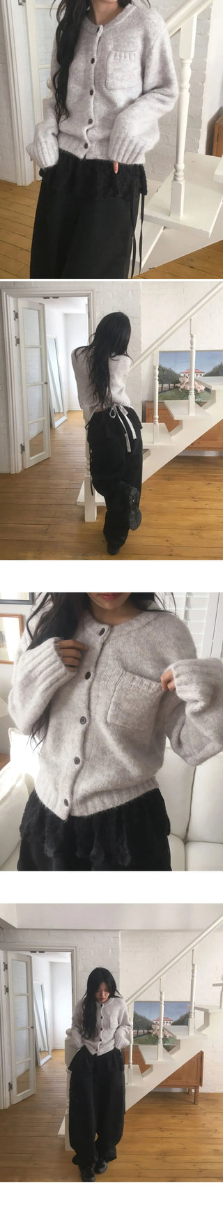 Enzen Back Team Ribbon Strap Pocket Knitwear Cardigan