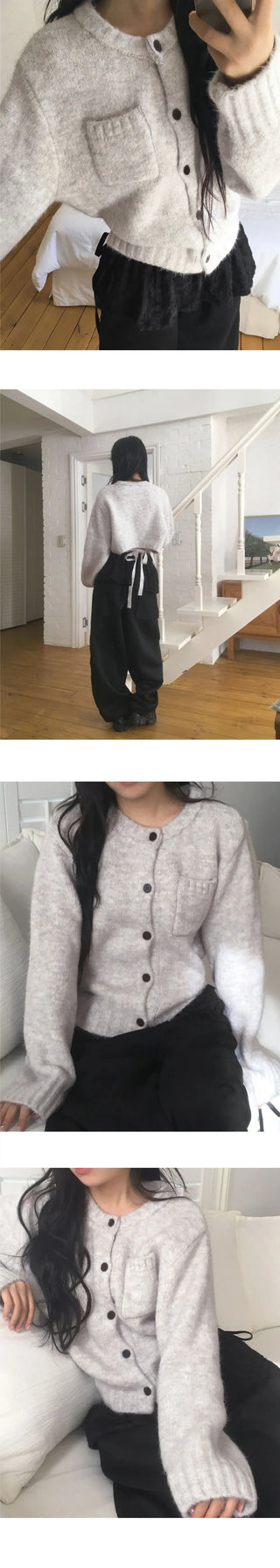 Enzen Back Team Ribbon Strap Pocket Knitwear Cardigan