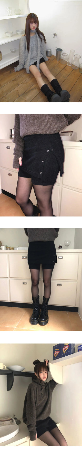 Piri Layered Eyelet Knitwear with Ribbed Short Skirt Pants