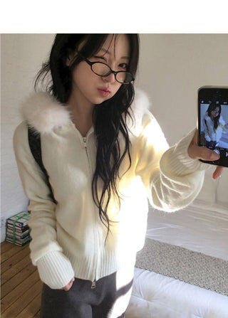 Waring Two Way Angel Fur Hood Knitwear Zip-up