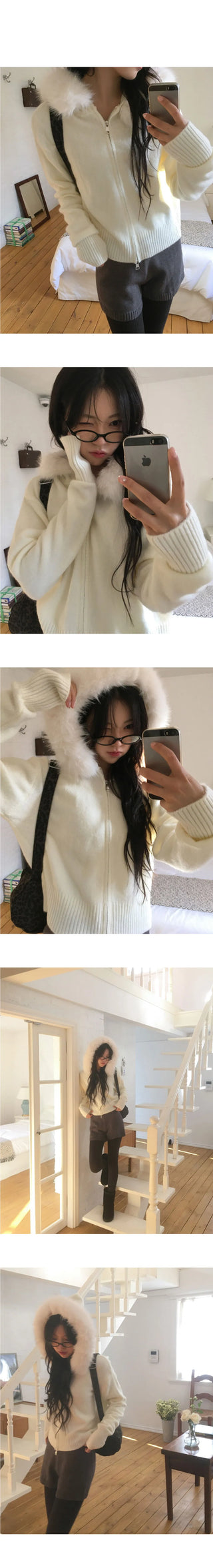 Waring Two Way Angel Fur Hood Knitwear Zip-up