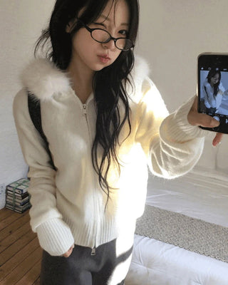 Waring Two Way Angel Fur Hood Knitwear Zip-up