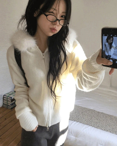 Waring Two Way Angel Fur Hood Knitwear Zip-up
