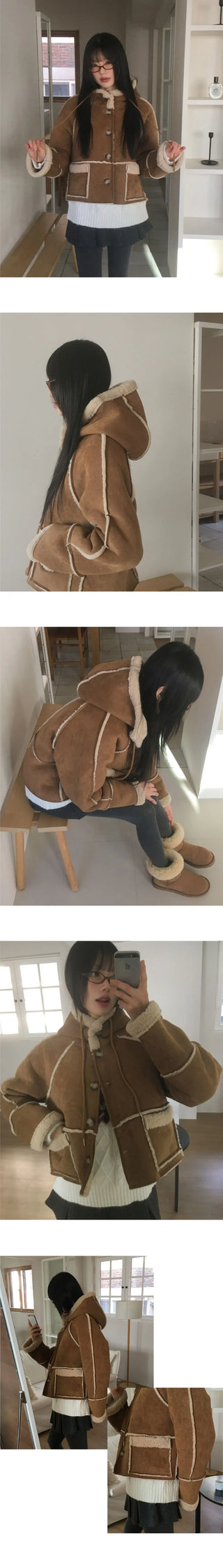 Most Wool Hooded Shearling Short Jacket