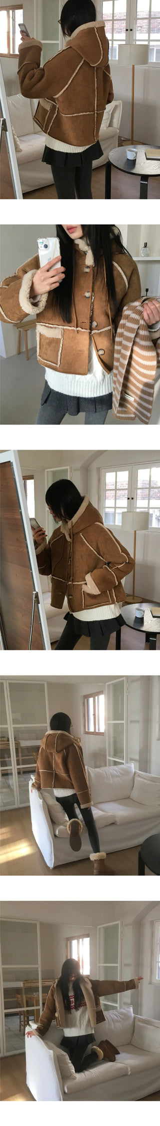 Most Wool Hooded Shearling Short Jacket