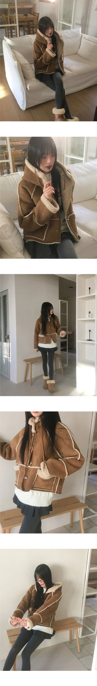 Most Wool Hooded Shearling Short Jacket