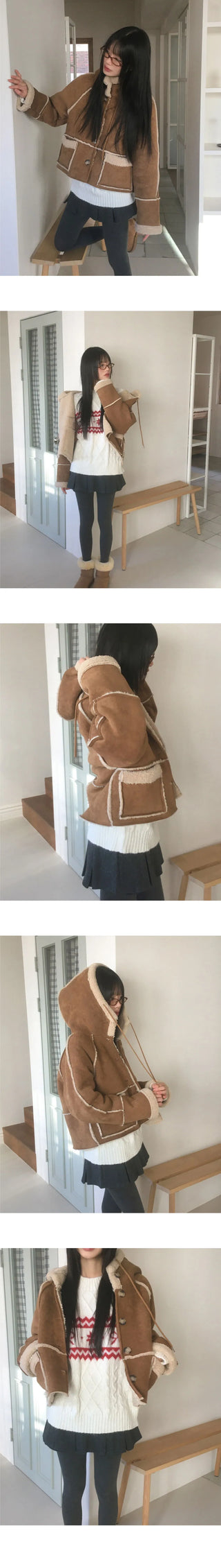 Most Wool Hooded Shearling Short Jacket