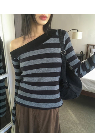 Nokin Stripe One Shoulder Uneven Knitwear T-Shirt
