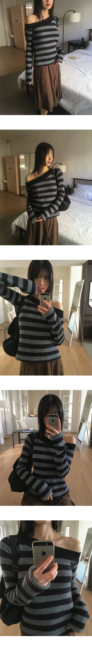 Nokin Stripe One Shoulder Uneven Knitwear T-Shirt
