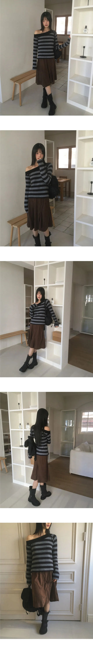 Nokin Stripe One Shoulder Uneven Knitwear T-Shirt