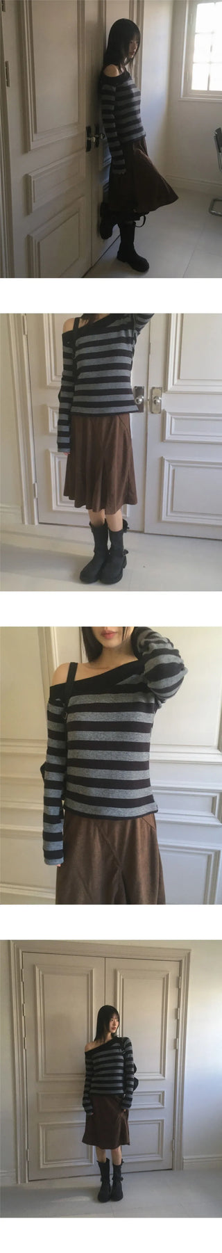 Nokin Stripe One Shoulder Uneven Knitwear T-Shirt