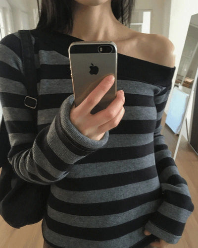 Nokin Stripe One Shoulder Uneven Knitwear T-Shirt