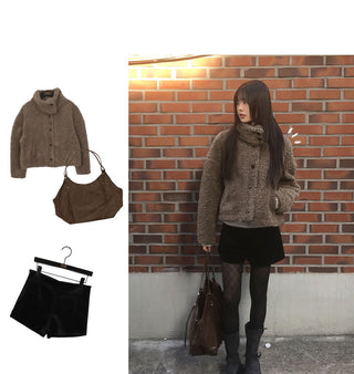 Merve Pogle Fur Button High Neck Short Jacket