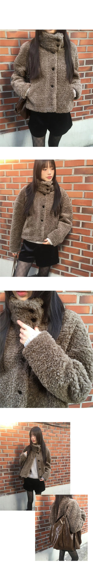 Merve Pogle Fur Button High Neck Short Jacket