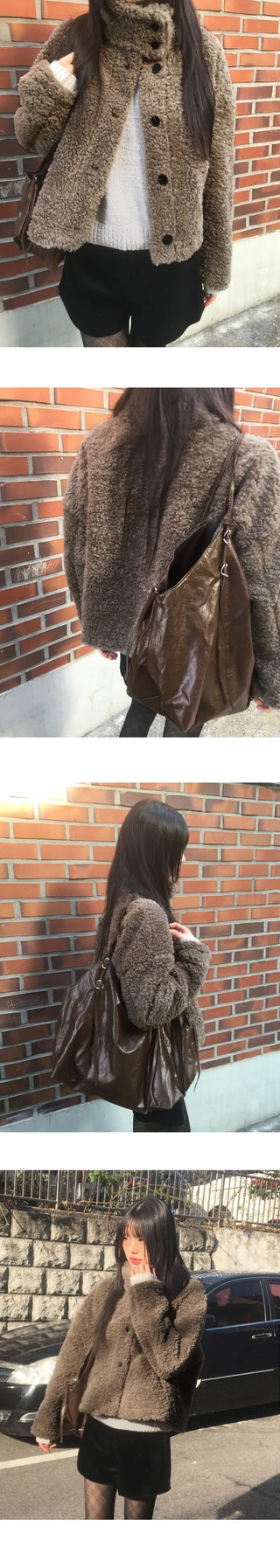 Merve Pogle Fur Button High Neck Short Jacket