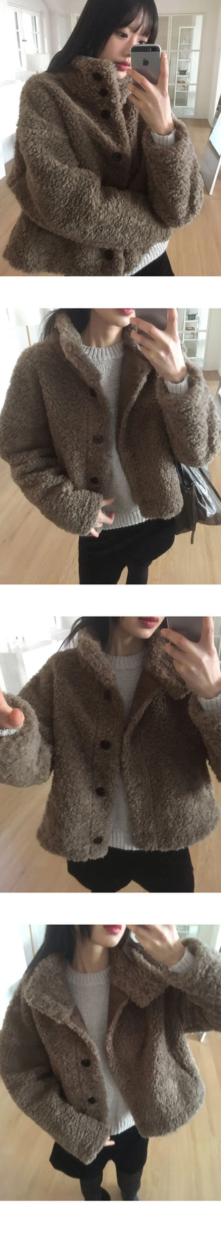 Merve Pogle Fur Button High Neck Short Jacket