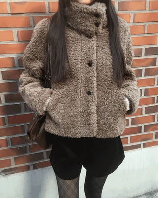 Merve Pogle Fur Button High Neck Short Jacket