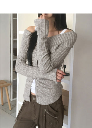 Tspol Bokashi Kara Off-Shoulder Button T-Shirt