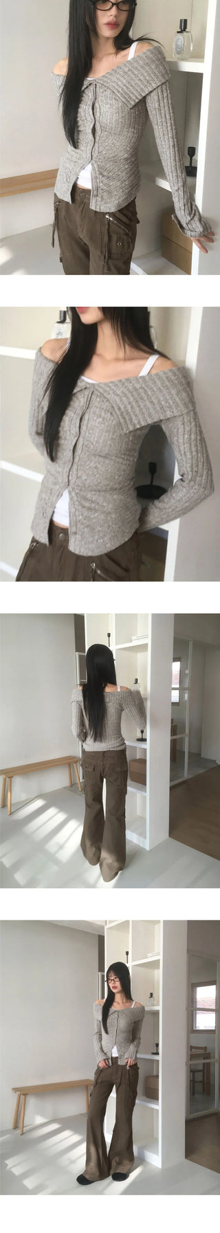 Tspol Bokashi Kara Off-Shoulder Button T-Shirt
