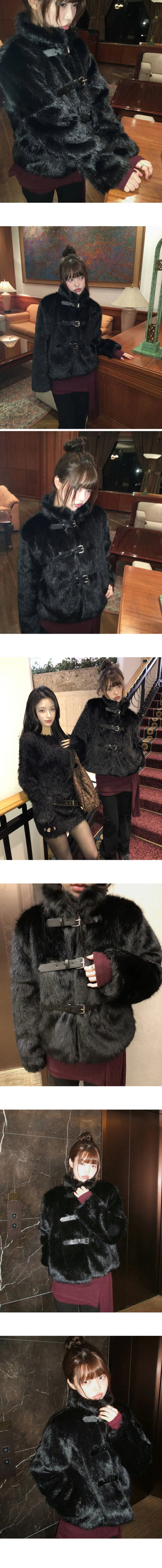 Eri Buckle High Neck Fur Short Jacket