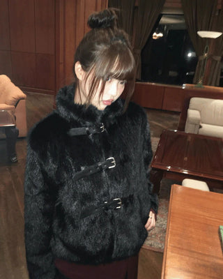 Eri Buckle High Neck Fur Short Jacket