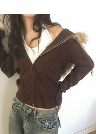 Penk Twisted Fur Hood Slim Fit Two Way Knitwear Zip-up