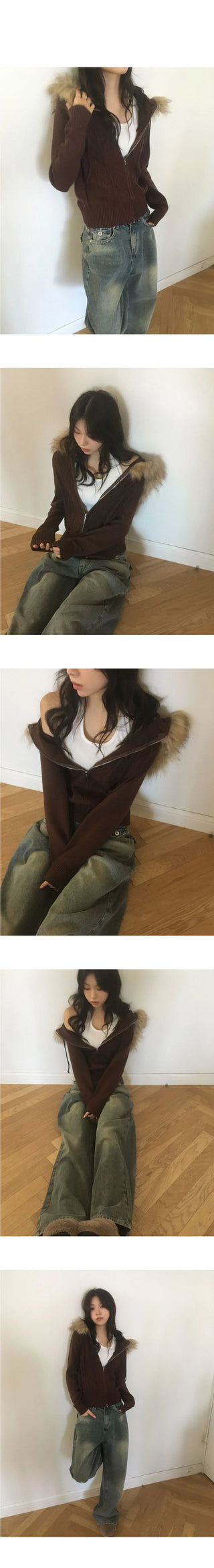 Penk Twisted Fur Hood Slim Fit Two Way Knitwear Zip-up