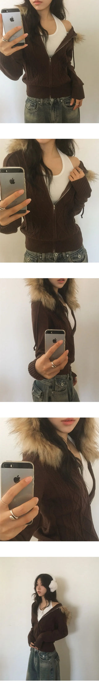 Penk Twisted Fur Hood Slim Fit Two Way Knitwear Zip-up