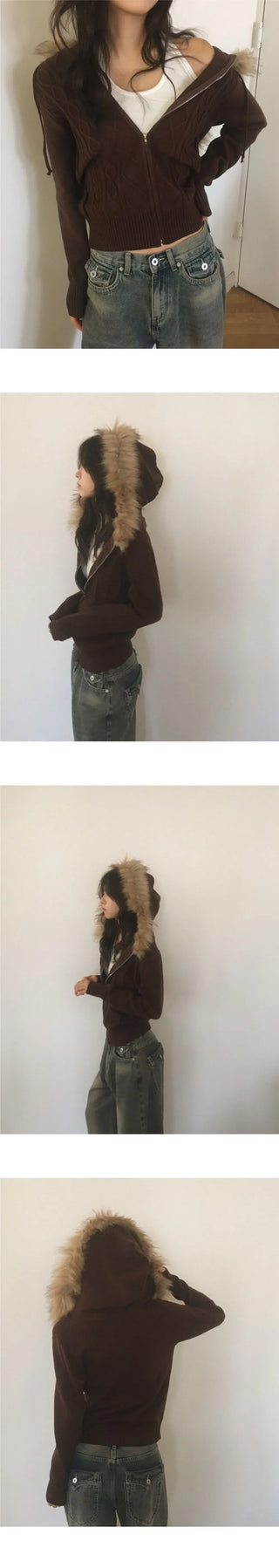 Penk Twisted Fur Hood Slim Fit Two Way Knitwear Zip-up