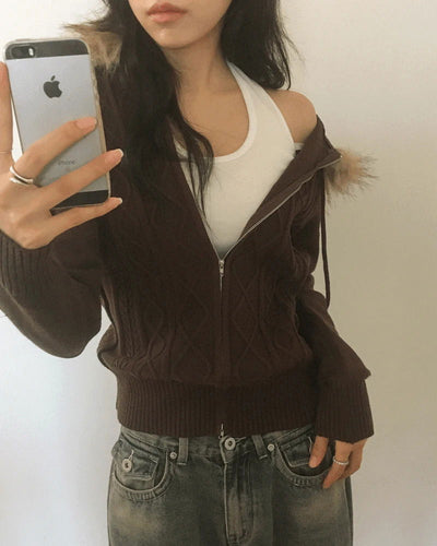Penk Twisted Fur Hood Slim Fit Two Way Knitwear Zip-up