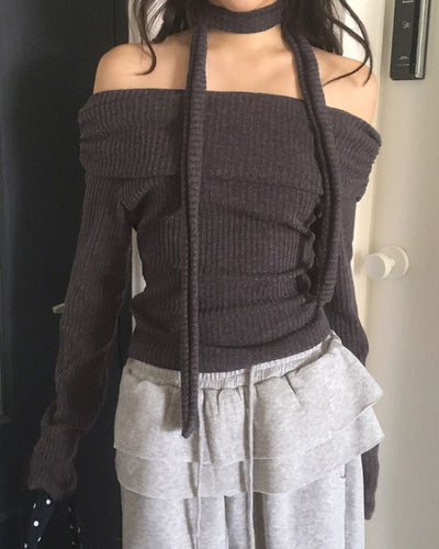 Rucol Ribbed Shirring Off-Shoulder Knitwear Muffler Choker Set