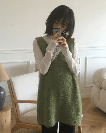 Kizen Wool Boucle Sleeveless Layered Vest Knitwear Mini Dress