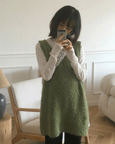 Kizen Wool Boucle Sleeveless Layered Vest Knitwear Mini Dress