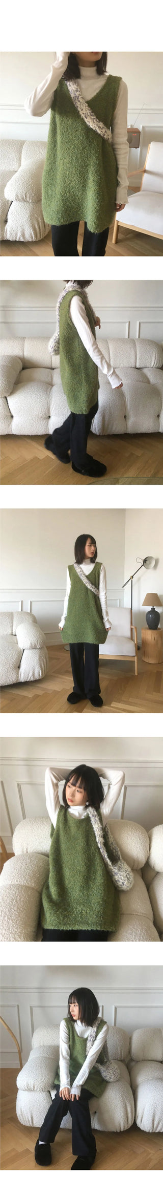 Kizen Wool Boucle Sleeveless Layered Vest Knitwear Mini Dress