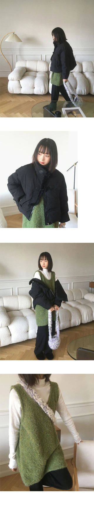 Kizen Wool Boucle Sleeveless Layered Vest Knitwear Mini Dress