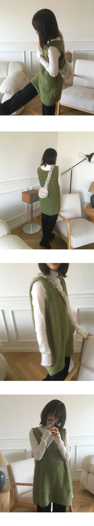 Kizen Wool Boucle Sleeveless Layered Vest Knitwear Mini Dress